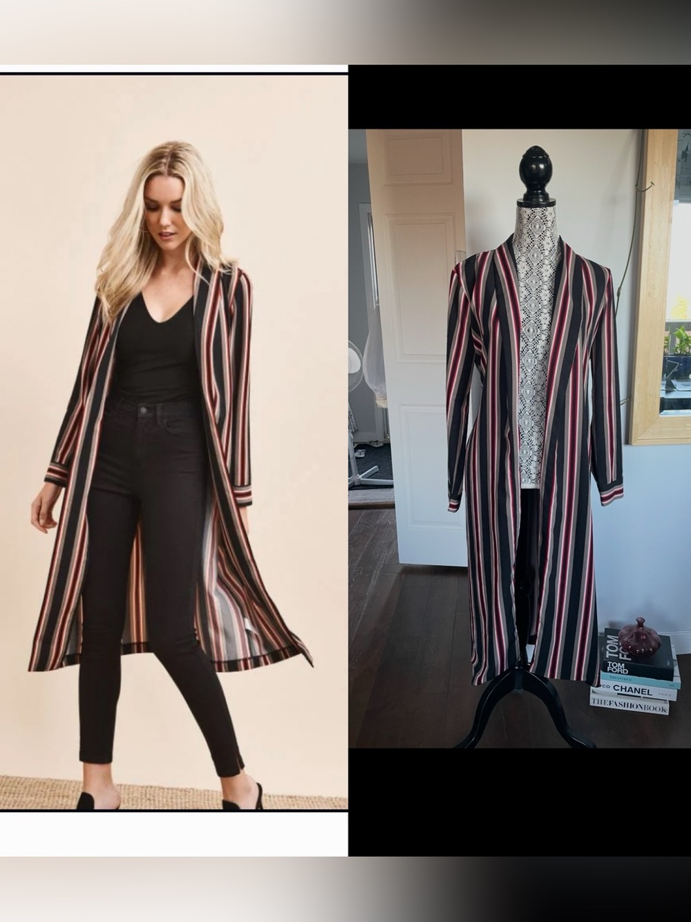 New Large Belted Pinstripe Long Duster Jacket.